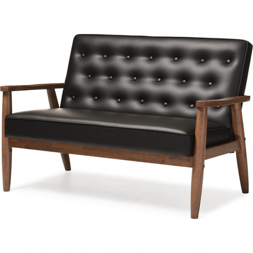 Sorrento Loveseat in Tufted Black Leatherette & Walnut